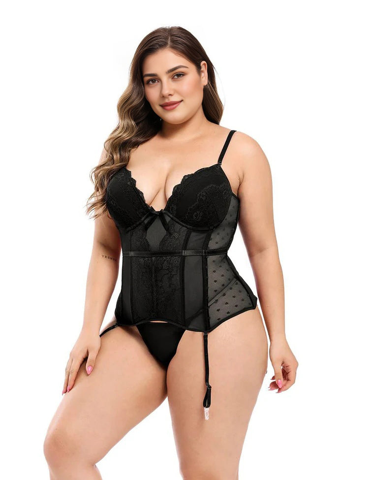 Women Plus Size Plastic Bone Luxurious Satin Lace Panel Corset-3