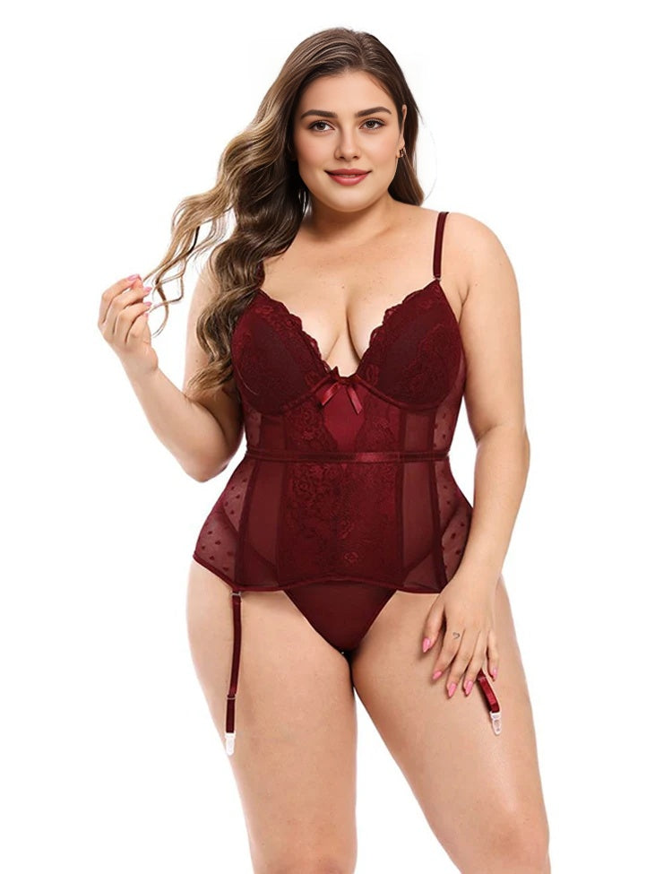 Women Plus Size Plastic Bone Luxurious Satin Lace Panel Corset-7