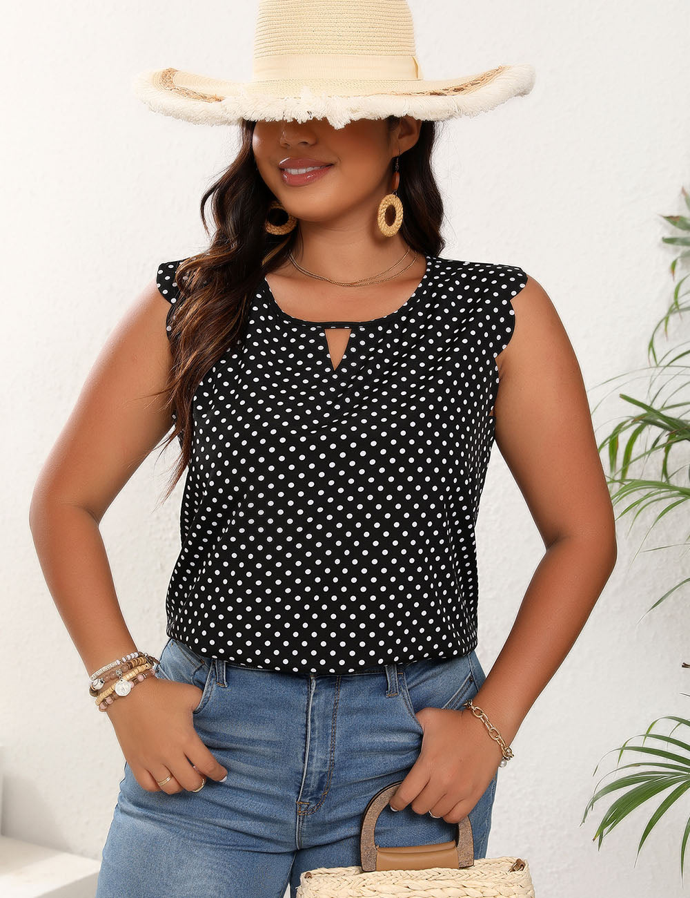 Women Plus Size Polka Dot Flying Sleeves Round Neck Short Sleeves | PRUSES-2