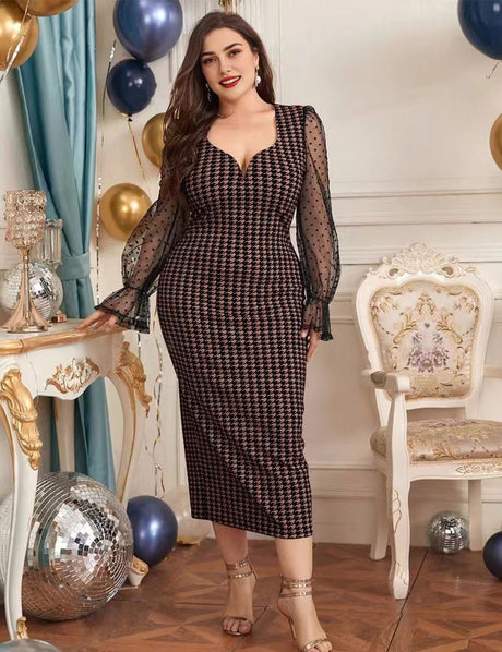 Women Plus Size Polka Dot Mesh Contrast Lantern Sleeve Elegant Dress