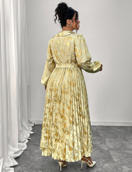 Women Plus Size Printed Pleated Maxi Dress With Belt