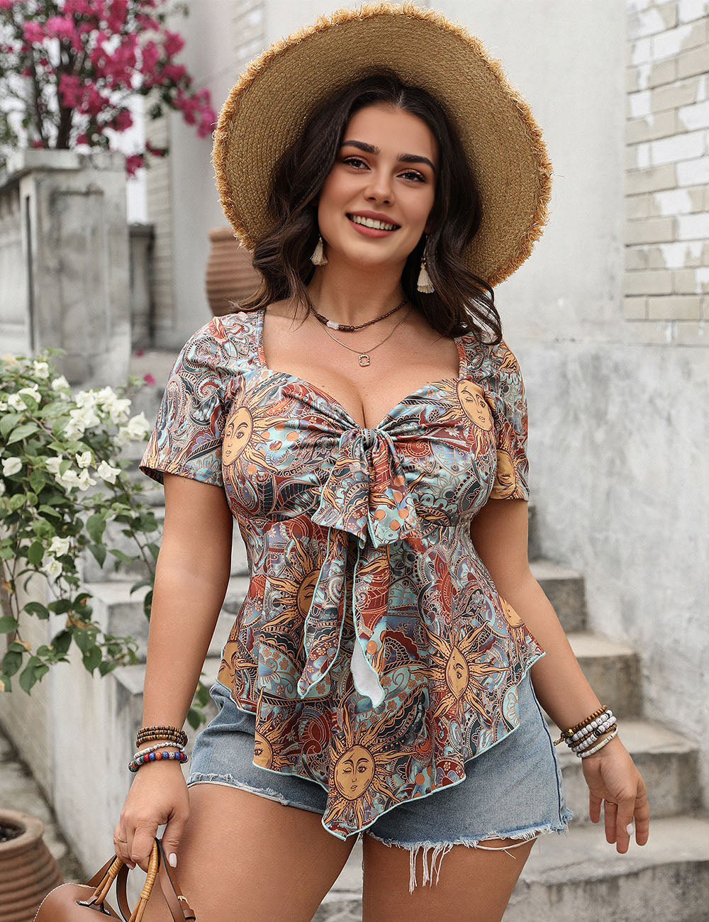 Women Plus Size Printed Sweetheart Neck Short Sleeve Blouse | PRUSES-2