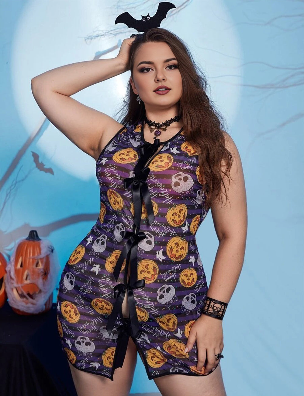 Women Plus Size Pumpkin Print Halloween Babydoll Lingerie