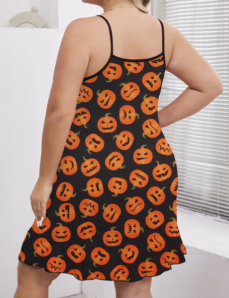 Women Plus Size Pumpkin Print Halloween Nightgown