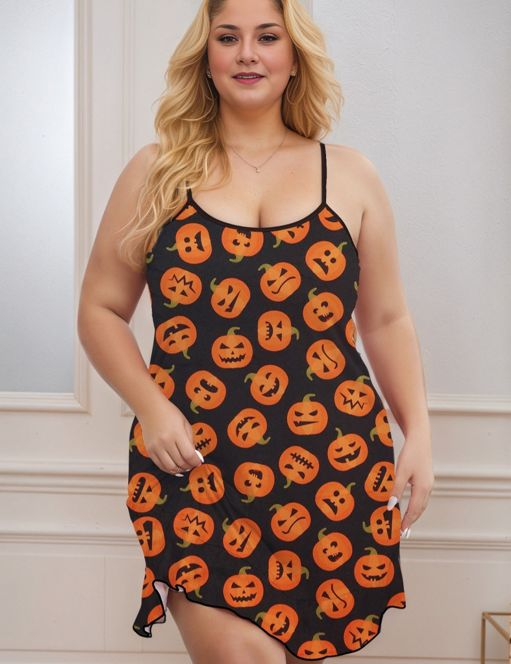 Women Plus Size Pumpkin Print Halloween Nightgown