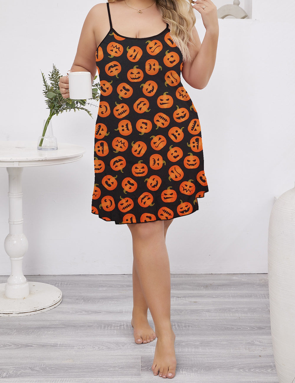 Women Plus Size Pumpkin Print Halloween Nightgown