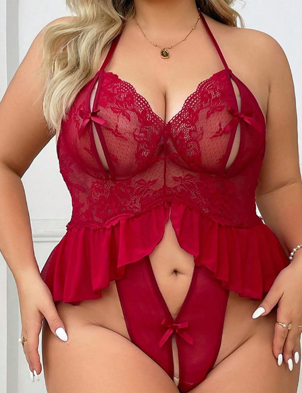 Women Plus Size Red Crotchless Bodysuit-2