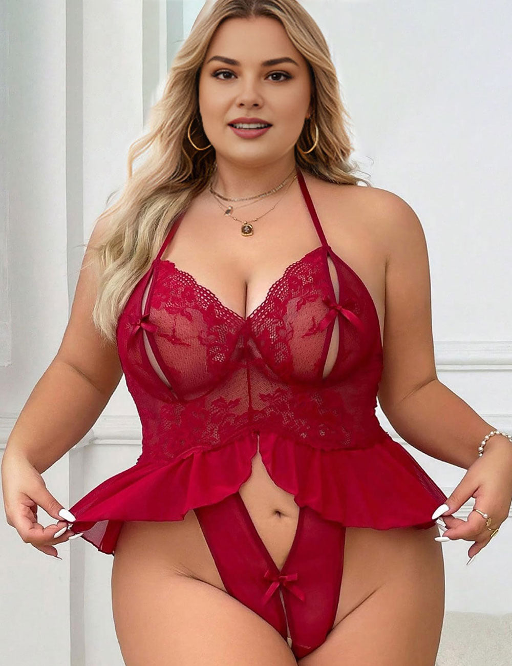 Women Plus Size Red Crotchless Bodysuit