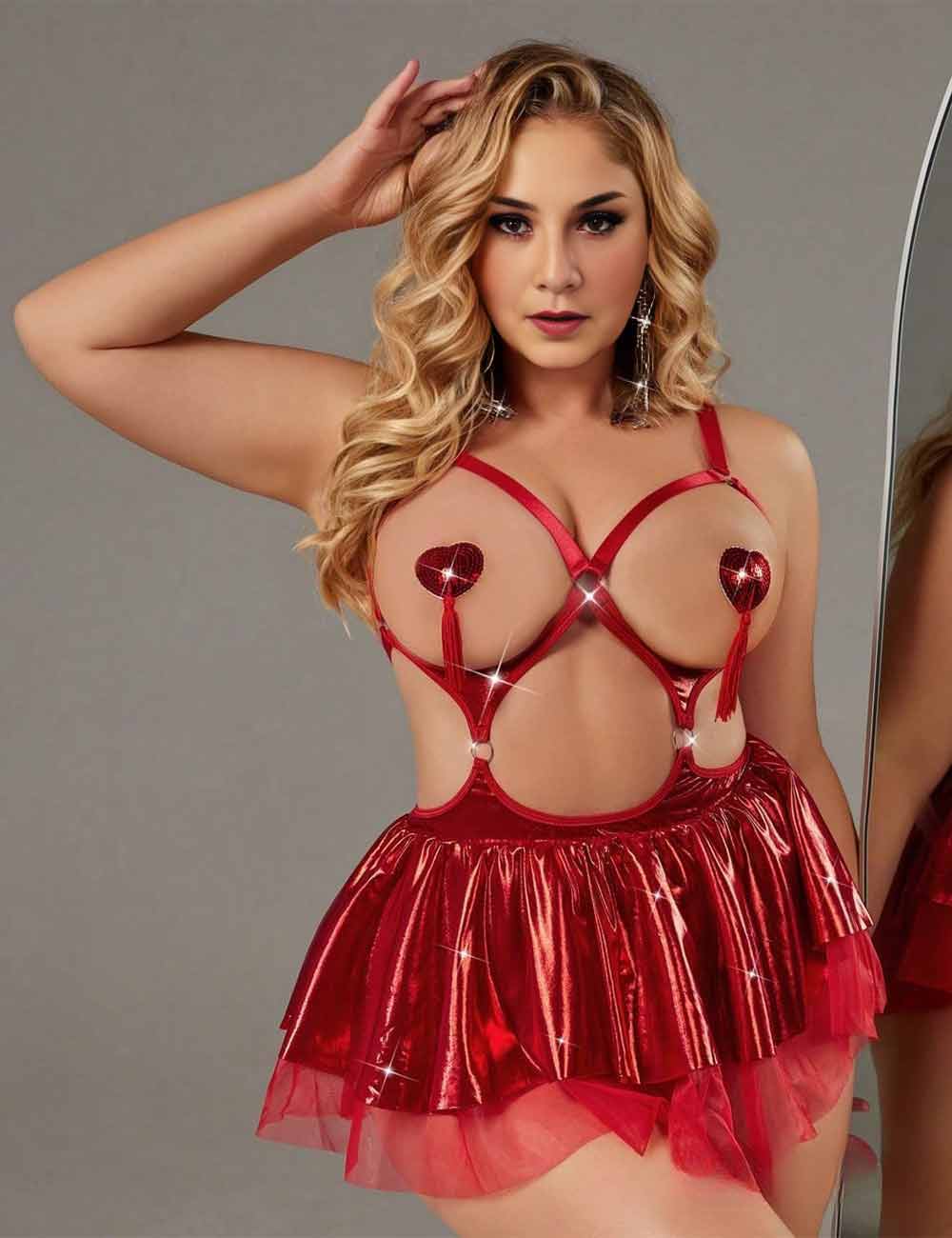 Women Plus Size Red Cutout Heart Tassel Lingerie Dress