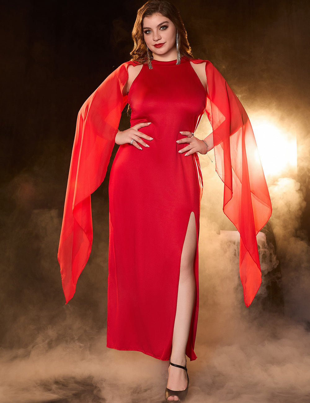Women Plus Size Red Elegant Chiffon Sleeve Formal Dress