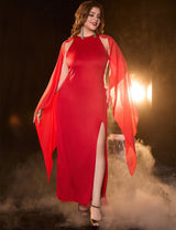 Women Plus Size Red Elegant Chiffon Sleeve Formal Dress
