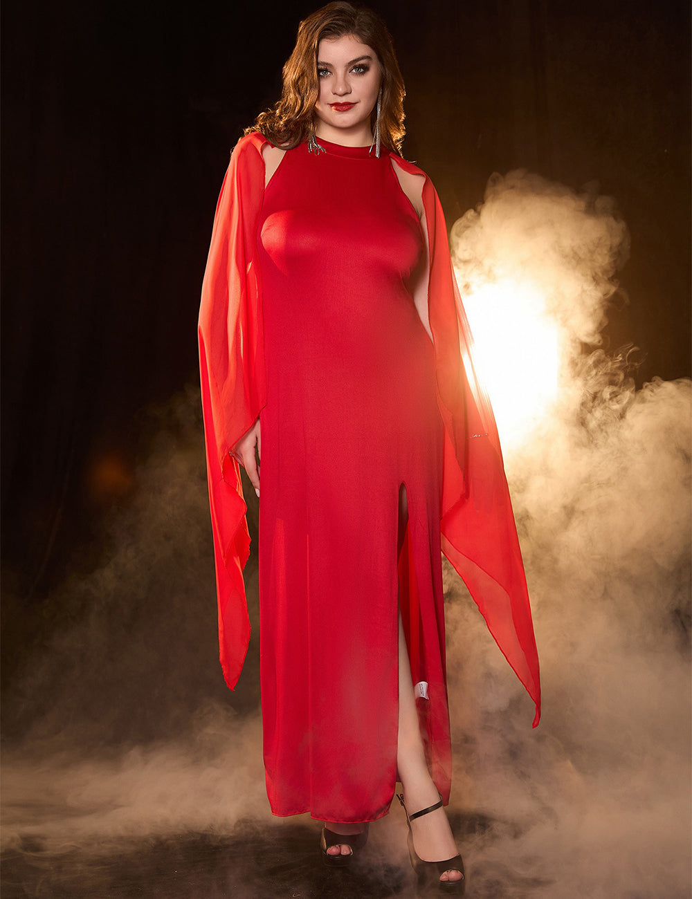 Women Plus Size Red Elegant Chiffon Sleeve Formal Dress