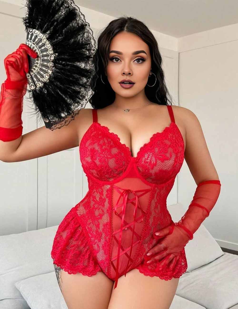Women Plus Size Red Floral Lace Sheer Teddy