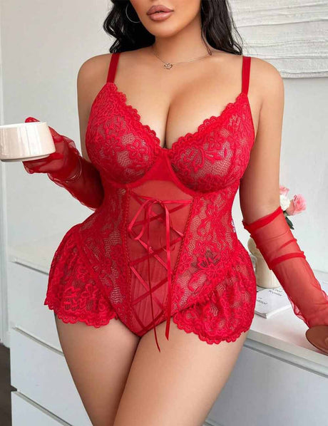 Women Plus Size Red Floral Lace Sheer Teddy