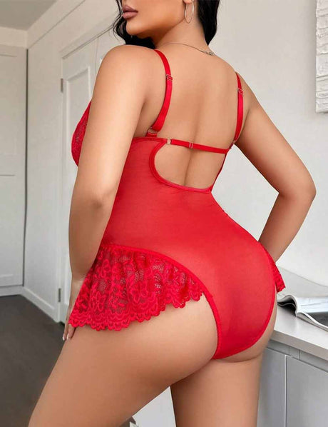 Women Plus Size Red Floral Lace Sheer Teddy