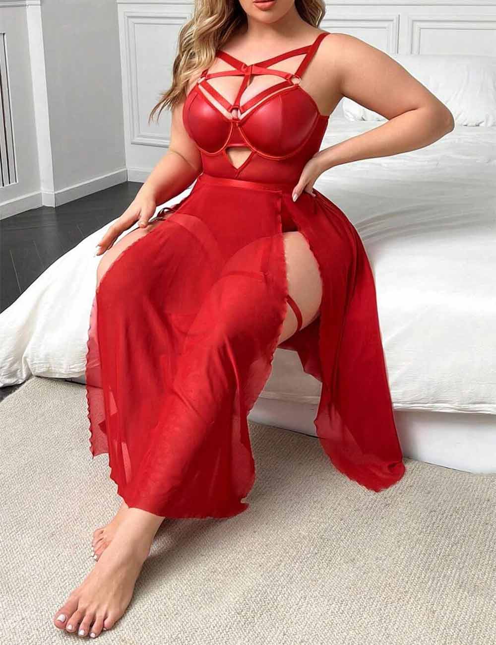 Women Plus Size Red Glossy PU Patchwork Mesh Lingerie Dress