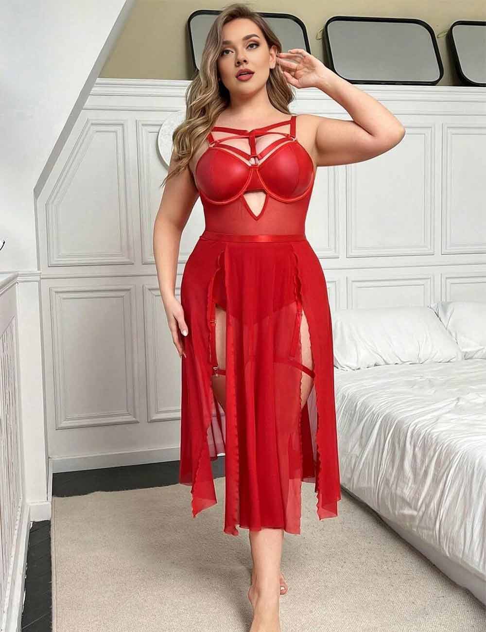 Women Plus Size Red Glossy PU Patchwork Mesh Lingerie Dress
