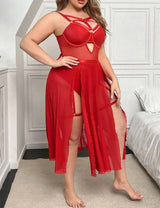 Women Plus Size Red Glossy PU Patchwork Mesh Lingerie Dress