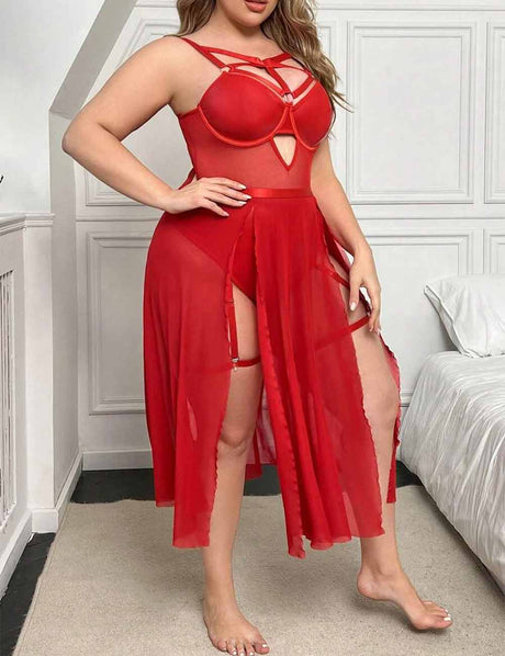 Women Plus Size Red Glossy PU Patchwork Mesh Lingerie Dress
