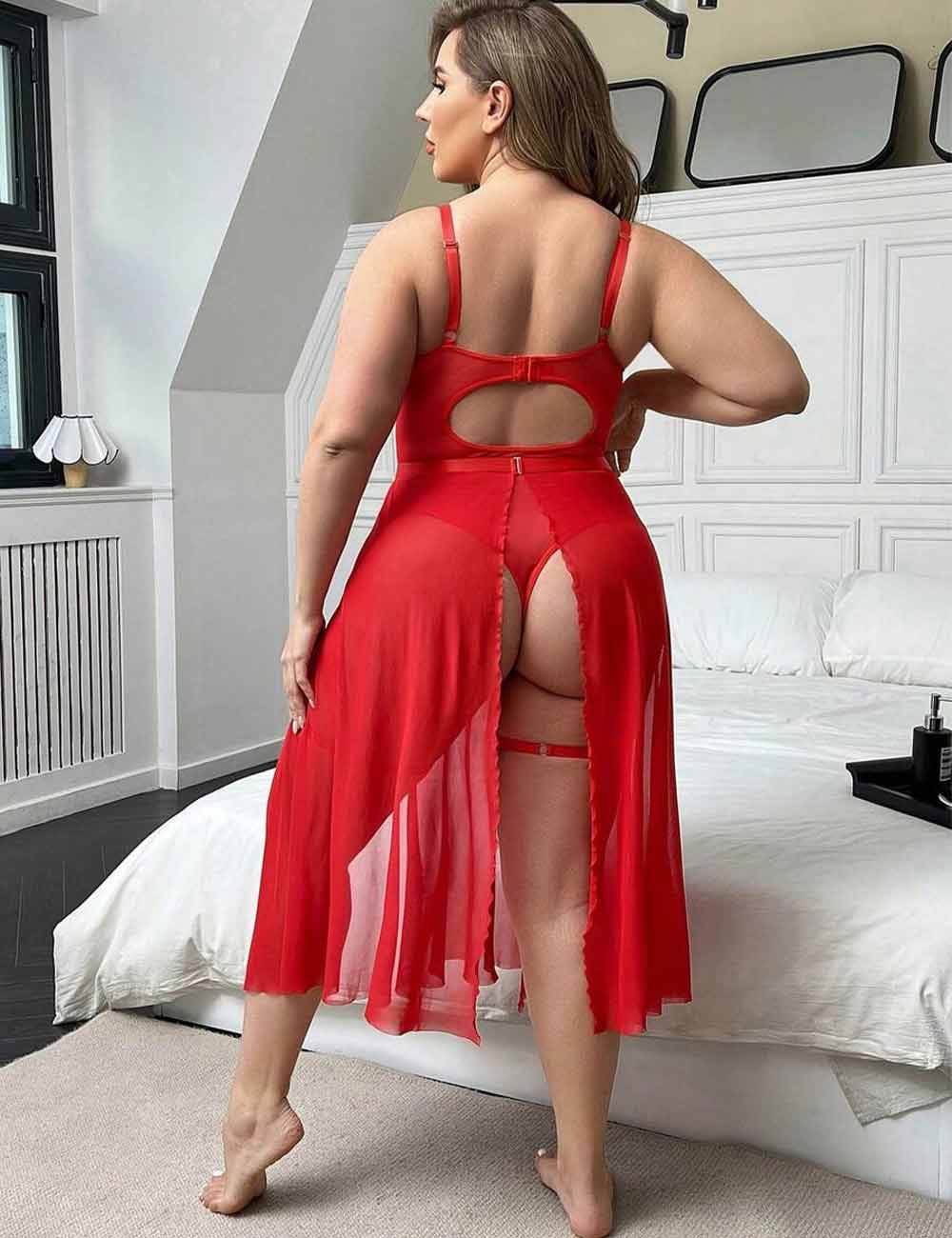 Women Plus Size Red Glossy PU Patchwork Mesh Lingerie Dress