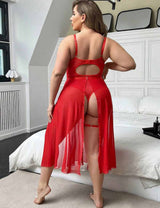 Women Plus Size Red Glossy PU Patchwork Mesh Lingerie Dress