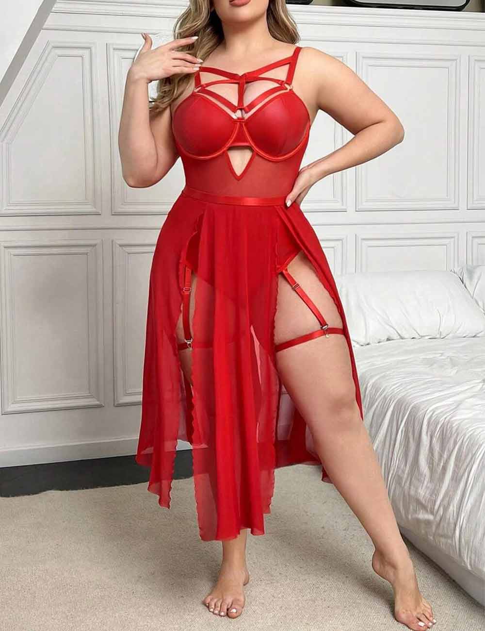 Women Plus Size Red Glossy PU Patchwork Mesh Lingerie Dress