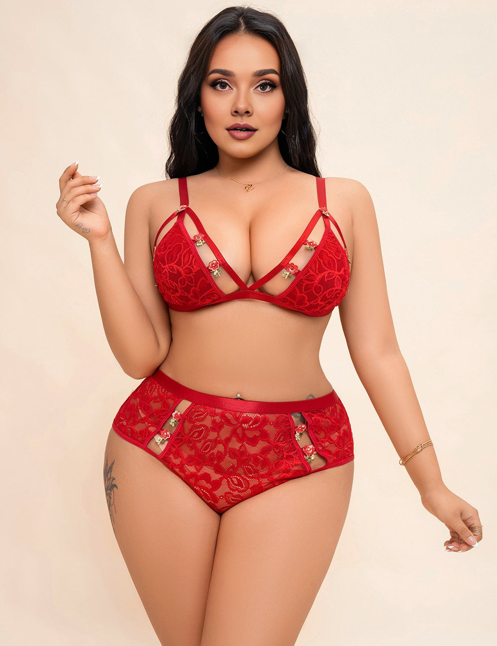 Women Plus Size Red Lace Bra and Panty Set