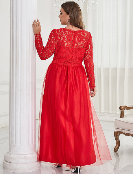 Women Plus Size Red Lace Long Formal Wedding Evening Dress