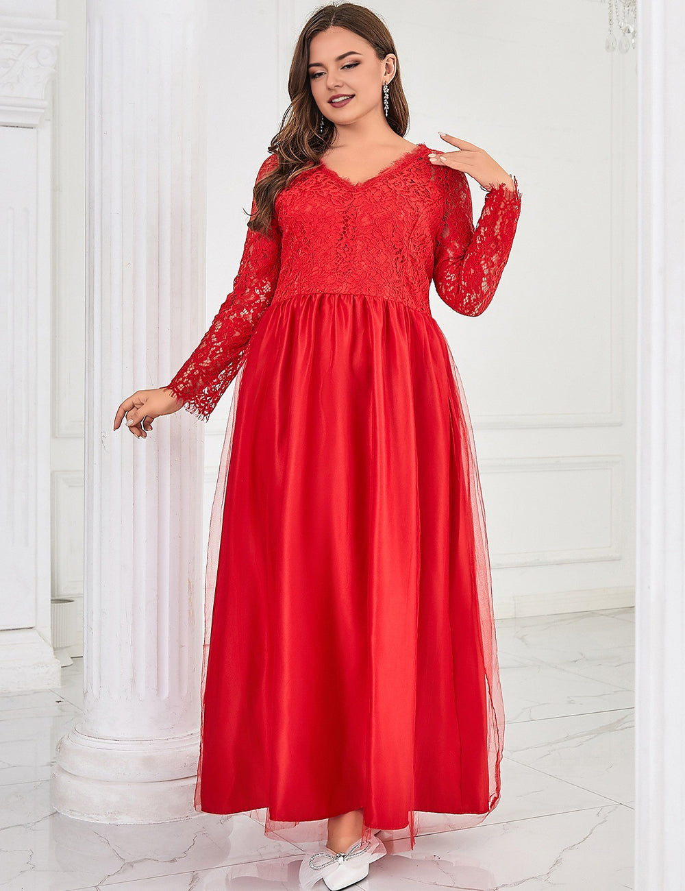 Women Plus Size Red Lace Long Formal Wedding Evening Dress