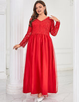 Women Plus Size Red Lace Long Formal Wedding Evening Dress