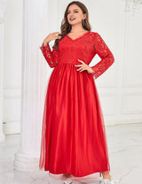 Women Plus Size Red Lace Long Formal Wedding Evening Dress