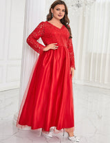 Women Plus Size Red Lace Long Formal Wedding Evening Dress