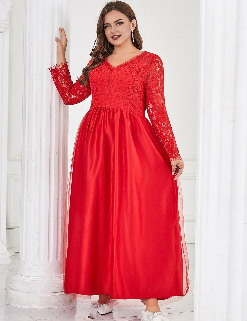 Women Plus Size Red Lace Long Formal Wedding Evening Dress