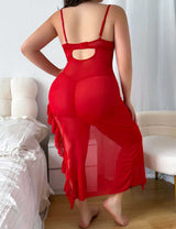 Women Plus Size Red Lace Mesh Asymmetrical Nightgown
