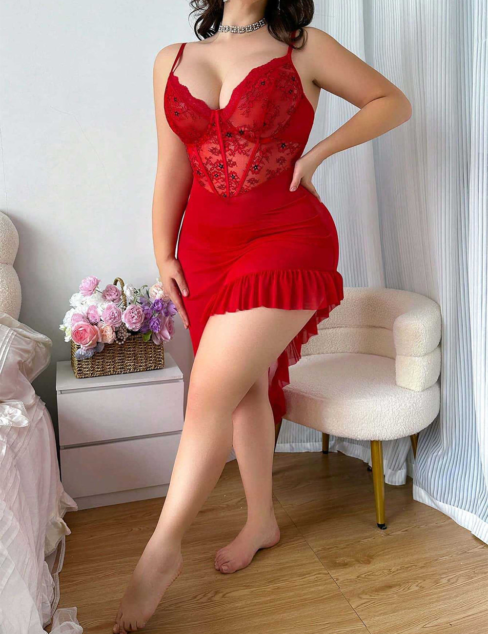 Women Plus Size Red Lace Mesh Asymmetrical Nightgown