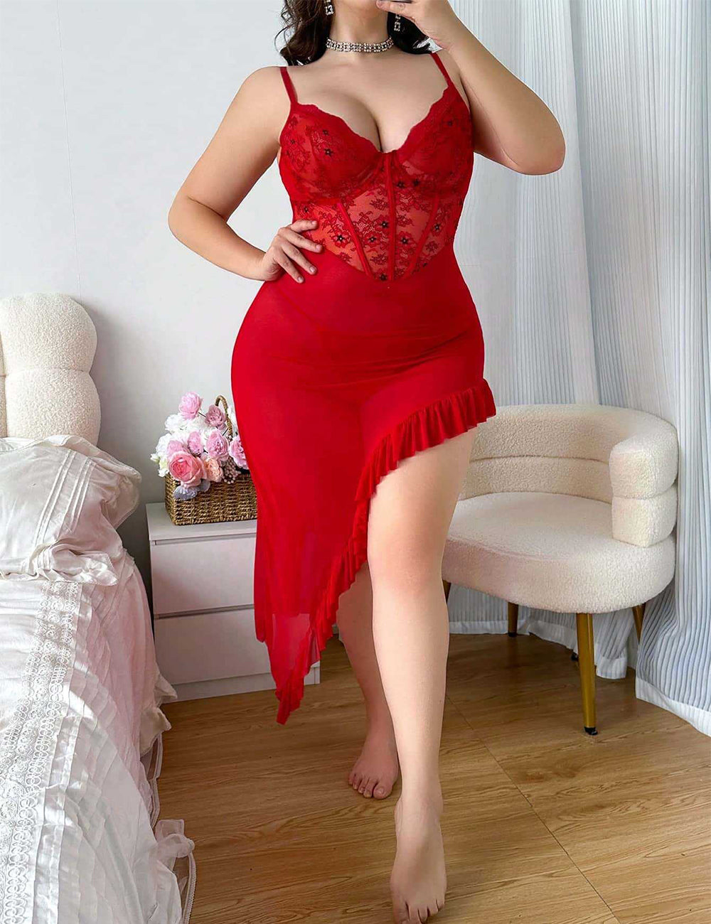 Women Plus Size Red Lace Mesh Asymmetrical Nightgown