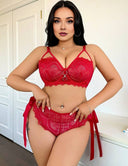 Women Plus Size Red Lace Satin Ribbon Bra Set