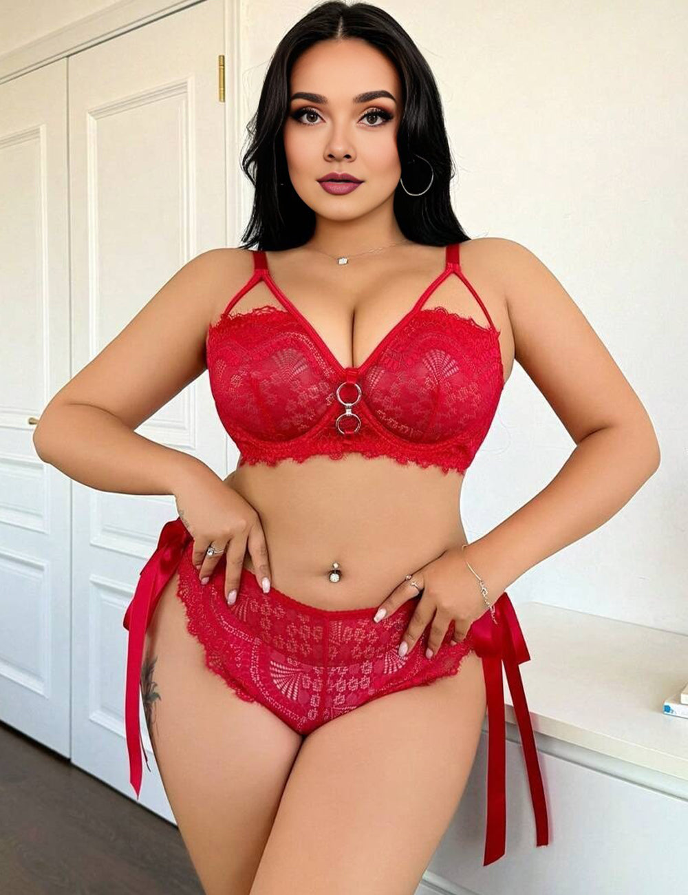 Women Plus Size Red Lace Satin Ribbon Bra Set
