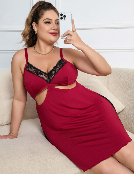 Women Plus Size Red Lace Suspender Nightdress babydoll-3