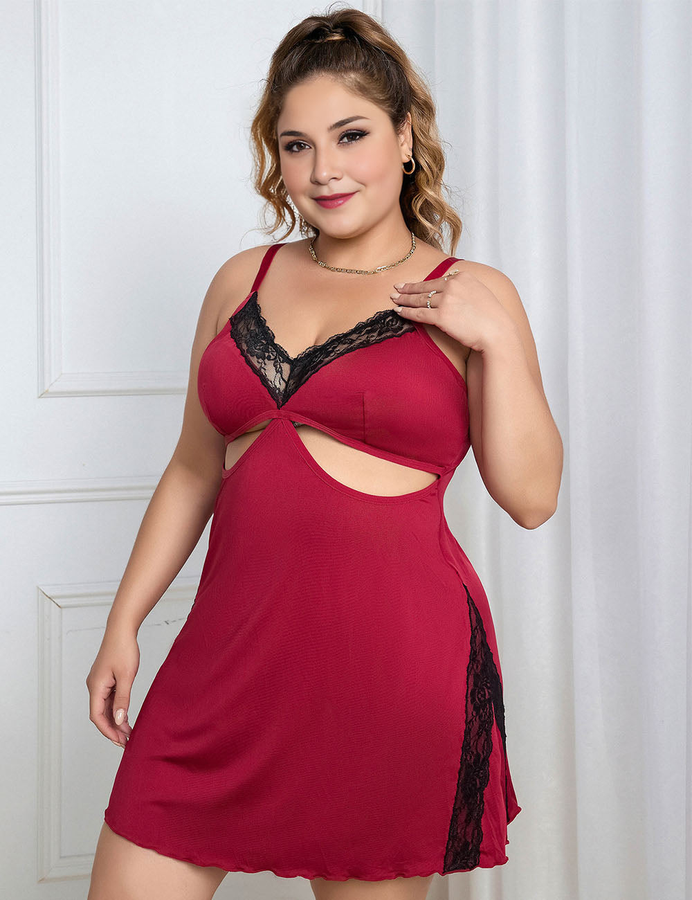 Women Plus Size Red Lace Suspender Nightdress babydoll-4