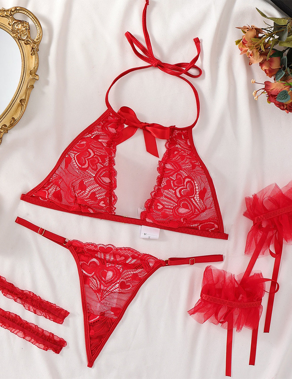 Women Plus Size Red Valentine's Day Heart Lace Trim Bra Set