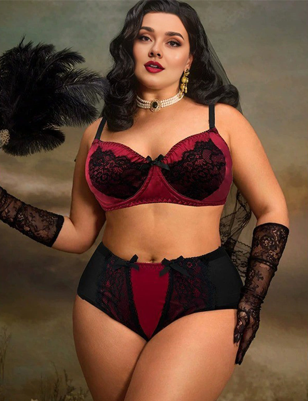 Women Plus Size Retro Contrast Floral Lace Underwire Bra Set