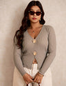 Women Plus Size Ribbed Knit with Shell Buttons
