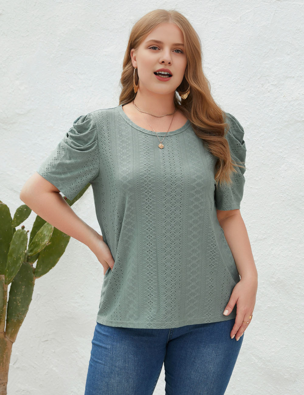 Women Plus Size Round Neck Pleated Short Sleeve T-shirt | PRUSES-4