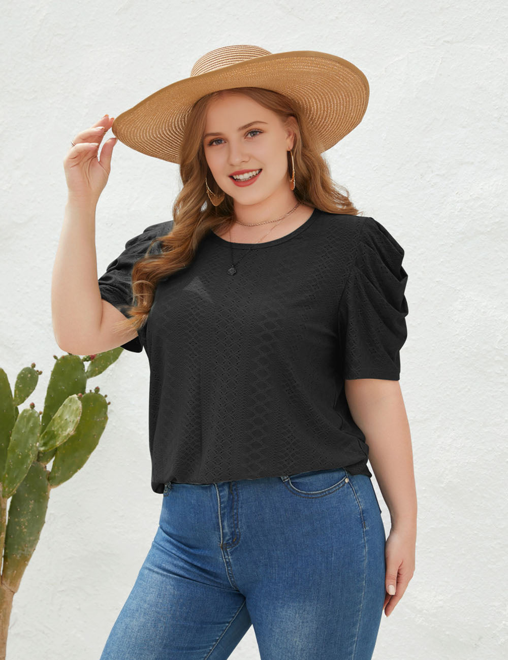 Women Plus Size Round Neck Pleated Short Sleeve T-shirt | PRUSES-6
