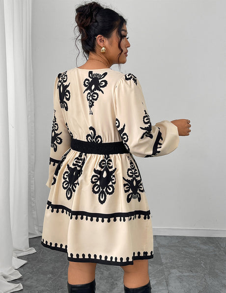 Women Plus Size Round Neck Puff Sleeve Midi Dress
