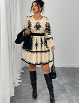 Women Plus Size Round Neck Puff Sleeve Midi Dress