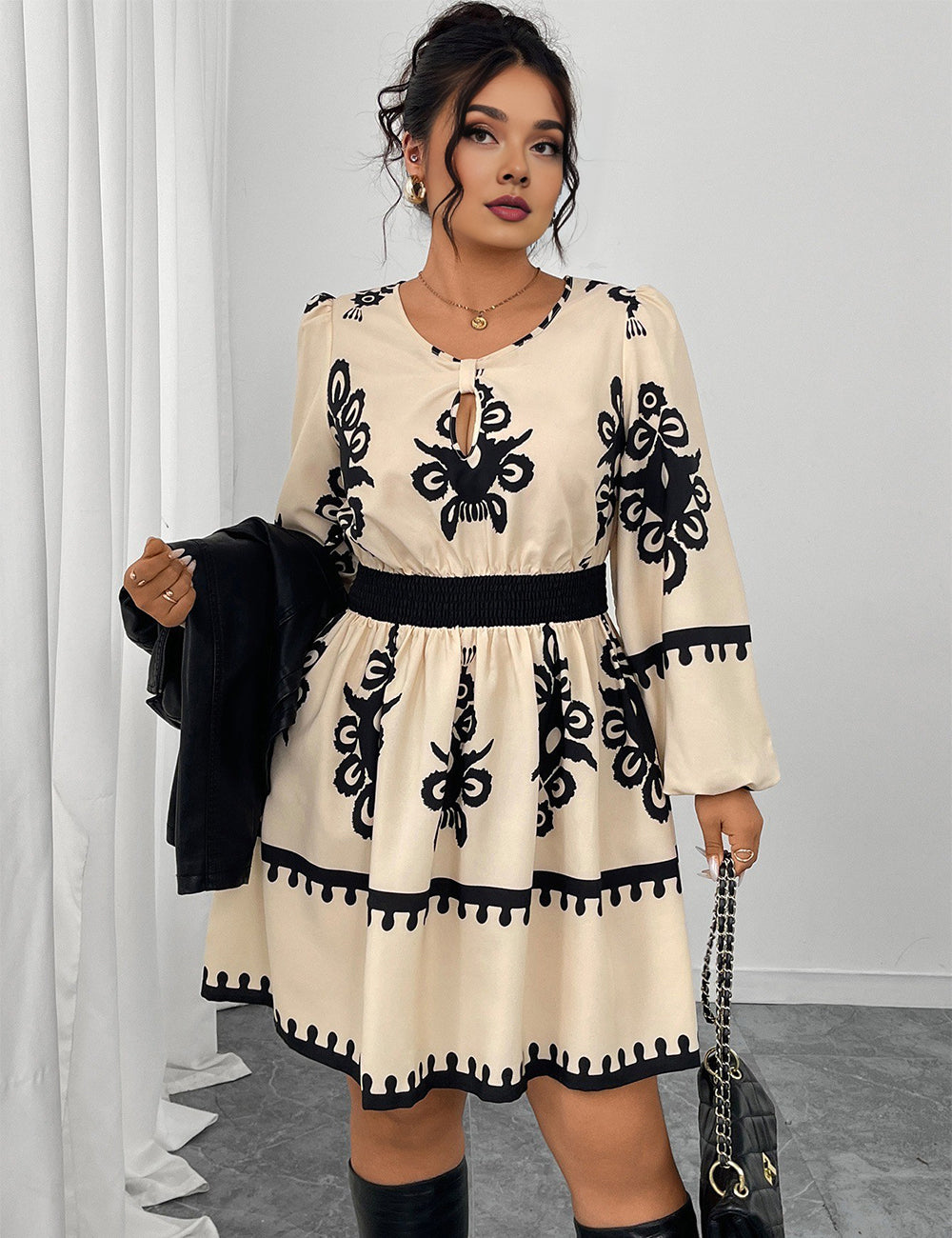 Women Plus Size Round Neck Puff Sleeve Midi Dress