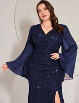 Women Plus Size Royal Blue Sequin Evening Dress