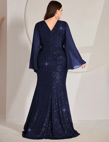 Women Plus Size Royal Blue Sequin Evening Dress